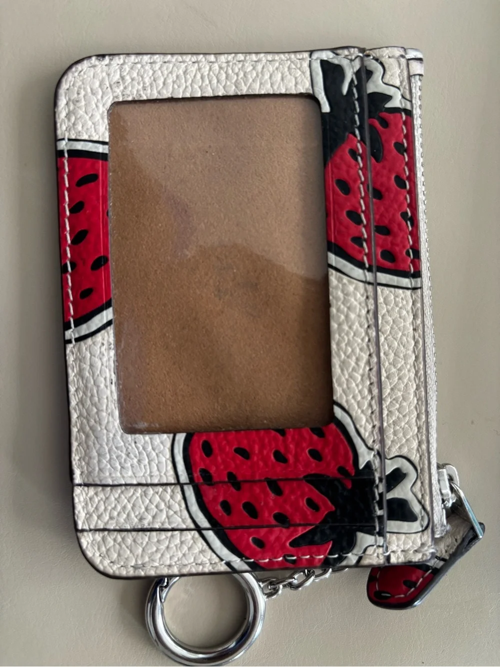 Coach Leather Pouch with Red Strawberry Keychain.